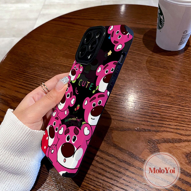 IPHONE Indah Mewah Tekstur Kulit Shockproof Phone Case Kompatibel Untuk Iphone12 Pro Max11 13 14 Plus XR X XS Max7 8 Plus Kartun Lucu Manyo Strawberry Bear Cover