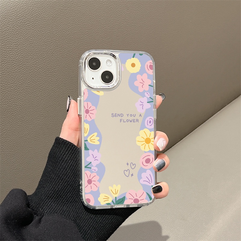 IPHONE Casing Ponsel Cermin Bunga Kartun Warna-Warni Kompatibel Untuk Iphone11 12 13 14 12Pro 13Pro 14Pro Pro Max XR X XS Max Electroplating Tombol Perlindungan Mirror Cover