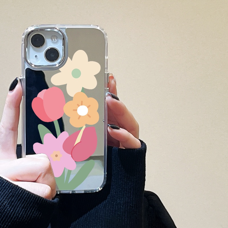 IPHONE Casing Ponsel Cermin Bunga Warna-Warni Kartun Kompatibel Untuk Iphone11 12 13 14 12Pro 13Pro 14Pro Pro Max XR X XS Max Electroplating Tombol Perlindungan Mirror Cover