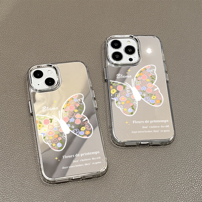 IPHONE Casing Ponsel Cermin Kupu-Kupu Bunga Warna-Warni Kompatibel Untuk Iphone11 12 13 14 12Pro 13Pro 14Pro Pro Max XR X XS Max Electroplating Tombol Perlindungan Mirror Cover