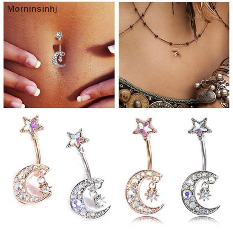 Mornin Starbeauty 14G Drop Bintang Bulan Pusar Bar Menjuntai Anting-Anting Hujan Kristal Pusar Cincin Wanita Pesta Pantai Telinga Perhiasan id