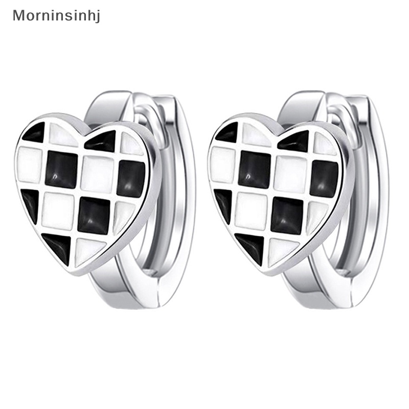 Mornin 1pasang Anting Warna Silver Love Hati Fashion Kreatif Hitam Putih Plaid Ear Stud Untuk Wanita Pesta Perhiasan Hadiah id