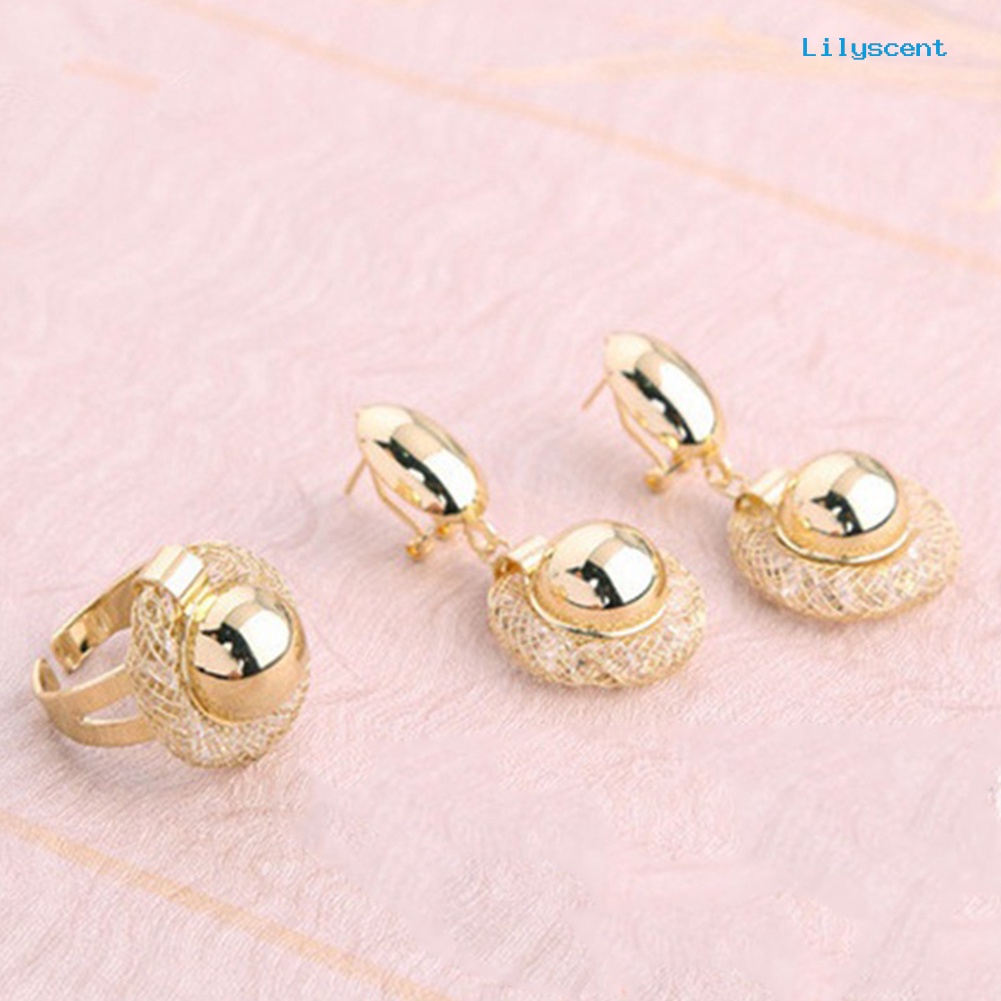 [LS]Mesh Berlian Imitasi Kalung Gelang Stud Anting Cincin Terbuka Set Perhiasan Pengantin