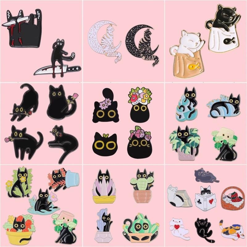 2-7pcs/set Hitam Lucu Kucing Enamel Bros Lucu Tanaman Kucing Enamel Pin Ransel Lencana Hadiah Untuk Teman