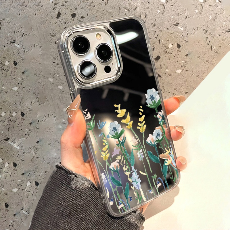 IPHONE Lukisan Cat Air Bunga Cermin Ponsel Case Kompatibel Untuk Iphone11 12 13 14 12Pro 13Pro 14Pro Pro Max XR X XS Max Electroplating Tombol Perlindungan Mirror Cover