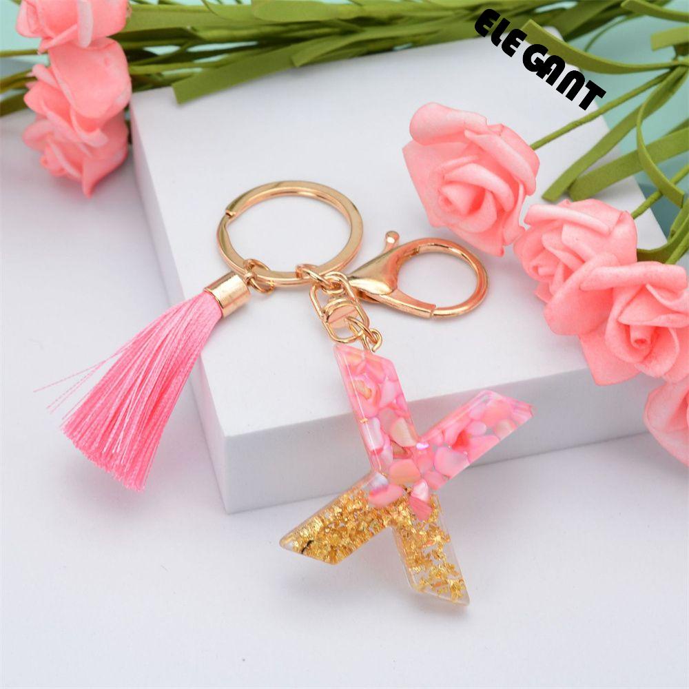 【 ELEGANT 】 26huruf Gantungan Kunci Lucu Fashion Merah Muda Jumbai Liontin Perhiasan Mobil Keyring Alphabet Key Chain