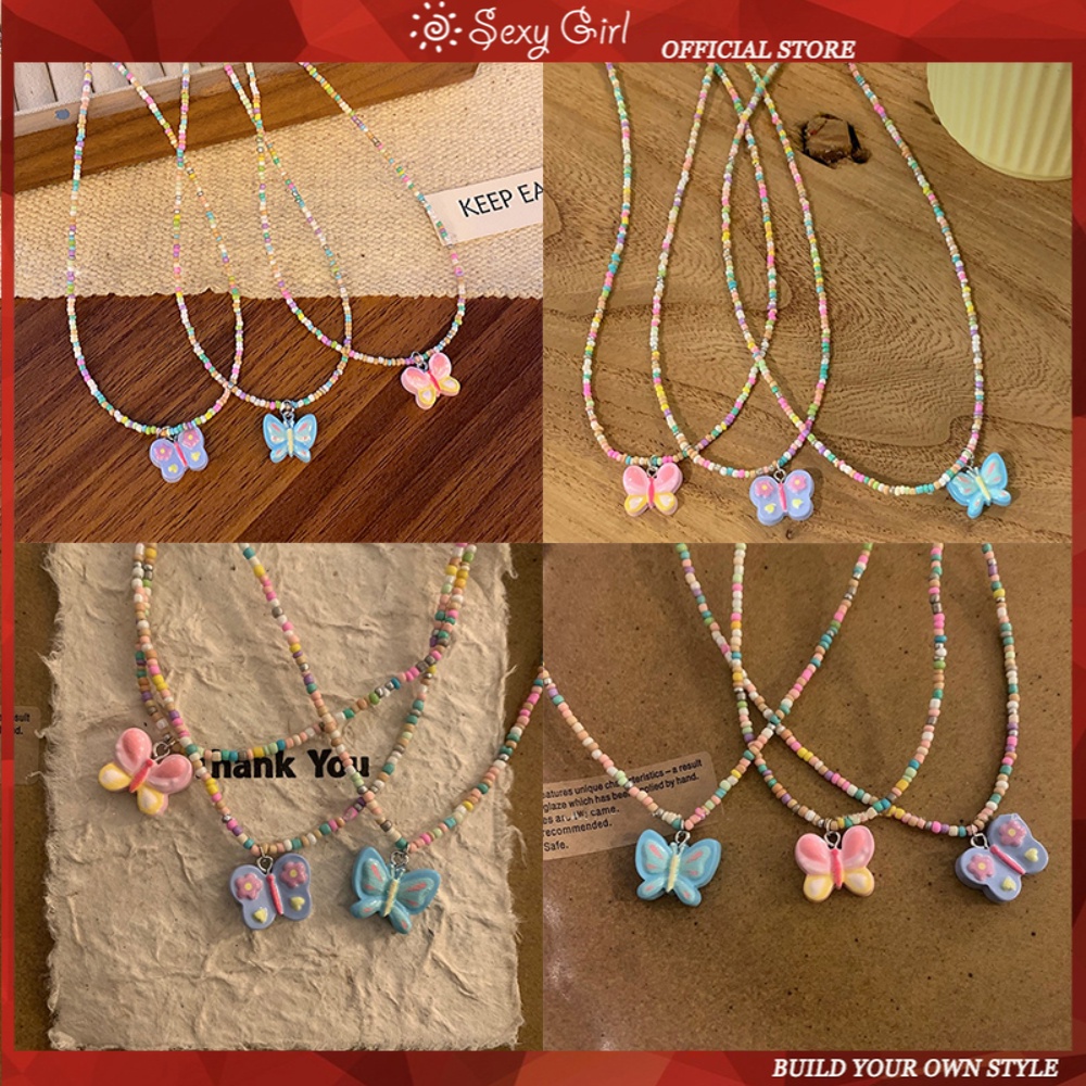 Versi Korea Dari Pink Biru Ungu Kupu-Kupu Warna-Warni Manik-Manik Kalung Gadis Manis Lucu Rantai Leher Rantai Tulang Selangka Aksesori Fashion Perhiasan Gadis Seksi