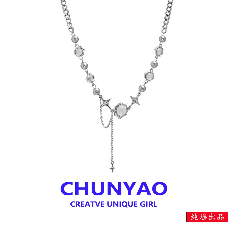 Gadis Panas Hip Hop Moonstone Cross Starburst Rumbai Liontin Kalung Cahaya Mewah Niche High-End Desain Kalung