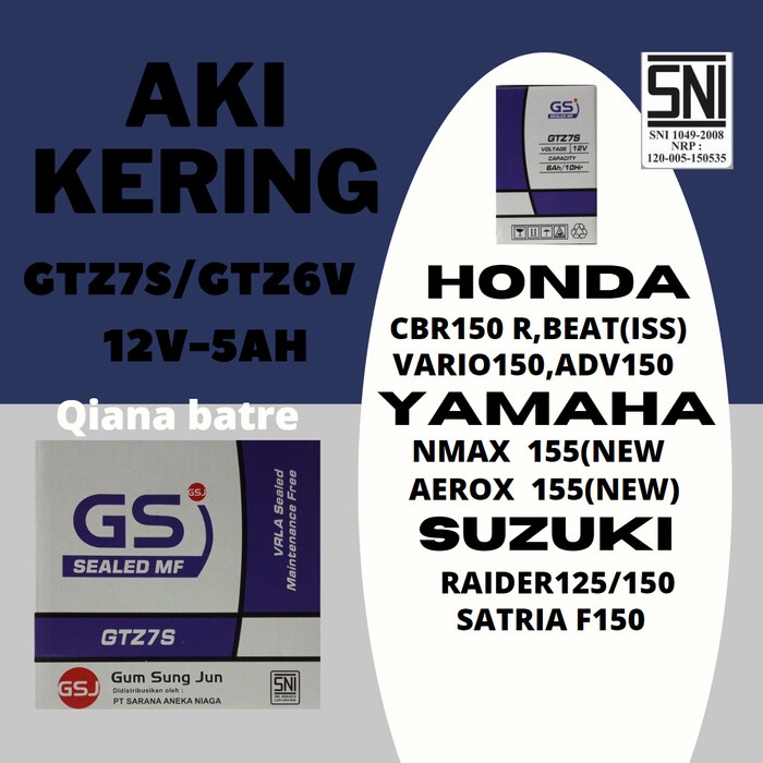 Aki Motor honda Vario 125 - 150, PCX 150 GS GTZ6V MF Aki Kering