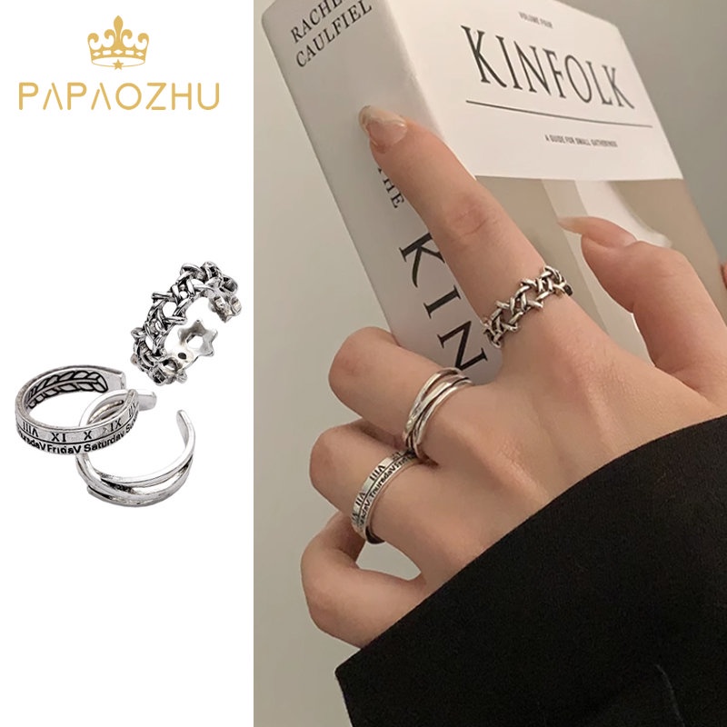 Papaozhu 3 Pcs Retro Angka Romawi Cincin Unisex Vintage Perak Rings Set Untuk Wanita Pria Adjustable Minimalis Cincin Terbuka Berakhir Jari Manset Perhiasan