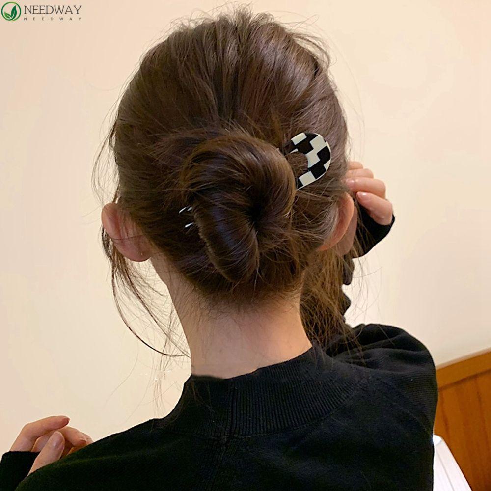 NEEDWAY Checkerboard Hair Stick Sweet Simple All-match Alat Gaya Rambut Asetat Gadis Hiasan Kepala Gaya Korea