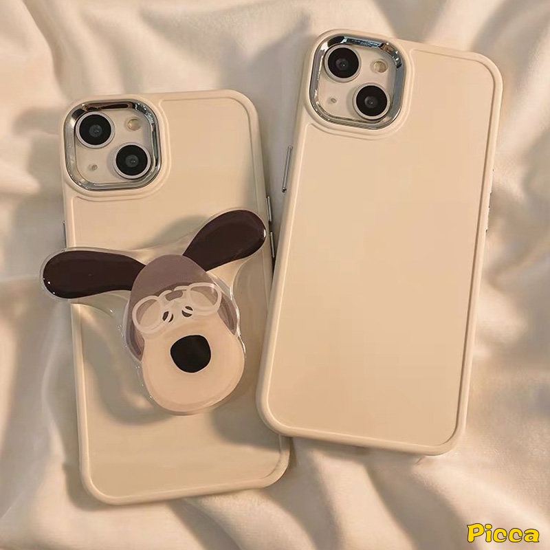 IPHONE Casing Frame Lensa Bahan Metal Plating Mewah Kompatibel Untuk Iphone7 8 Plus 11 14 12 13 Pro MAX X XR XS MAX Sederhana Warna Solid Cover Dengan Beruang Lucu Puppy Pisang Kentang Goreng Bracket Aksesoris