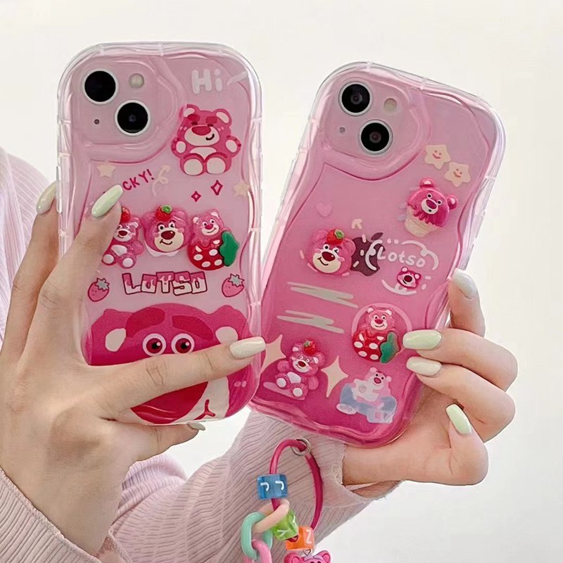 3D Ice Cream Strawberry Bear Lotoso Soft Case IPhone XR XS MAX 11 12 13 14 Pro Max 14 Plus New Apple for Women Girls Gift Bracelet Airbag Case Pink Red Cute Cartoon