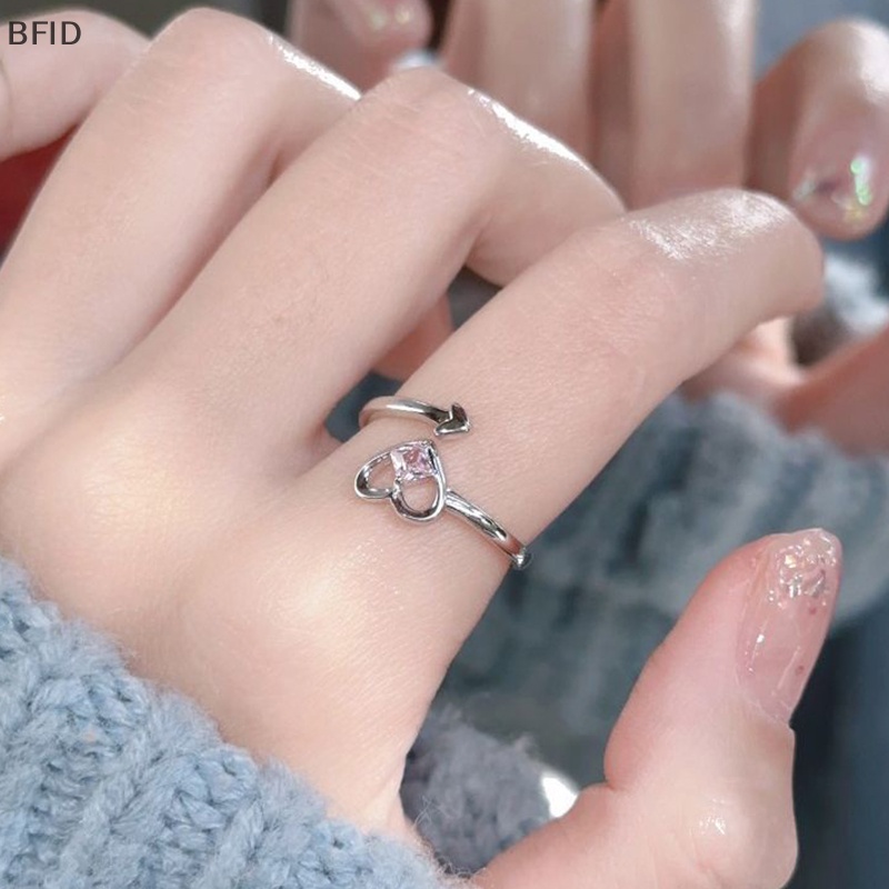 [BFID] Fashion Shiny Pink Rhinestone Heart Opening Couple Rings Vintage Kristal Adjustable Finger Ring Untuk Wanita Kekasih Perhiasan Hadiah [ID]