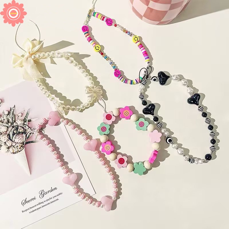 Charm Multicolor Resin Heart Bowknot Mobile Phone Chains for Women Girls Telephone Jewelry Strap Beaded Lanyard Hanging Cord