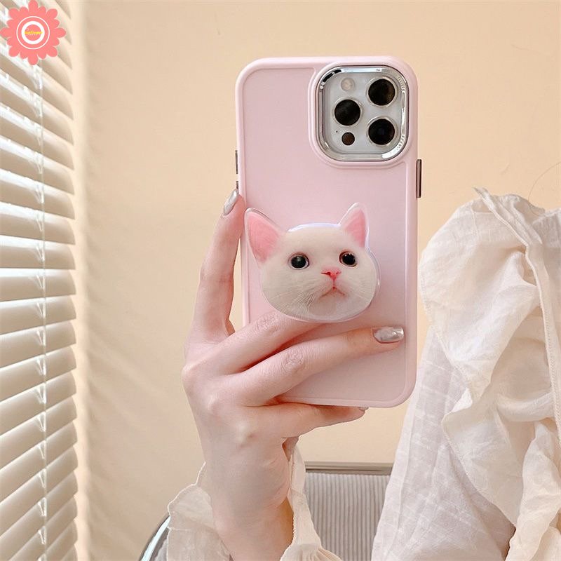 Cute Kitty Cat Phone Holder Case Compatible for IPhone 11 13 12 14 Pro Max 7plus X XR 7 8 Plus XS MAX Simple Solid Color Metal Lens Frame Phone Cover