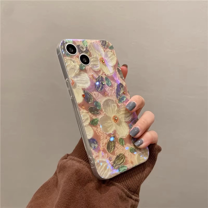 Camellia Laser Bunga Cahaya Biru Casing Ponsel Untuk iPhone 7Plus/8Plus X/Xs XR 14 13 12 11 Pro max 14pro max 13pro max Mewah Tahan Guncangan TPU Soft Cover