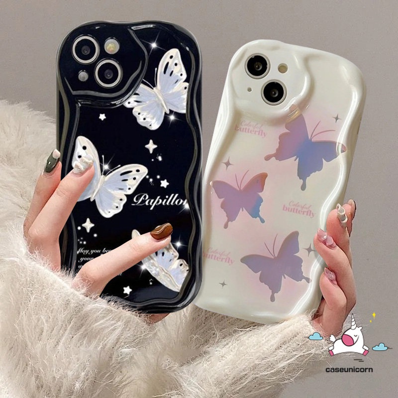 Korean Style Glitter Butterfly Couple Case Compatible For iPhone XR X 7 8 6 6s Plus 13 11 12 14 Pro Max 7Plus XS Max SE 2020 Fantasy Butterfly Cartoon Soft 3D Wavy Curved Edge Case