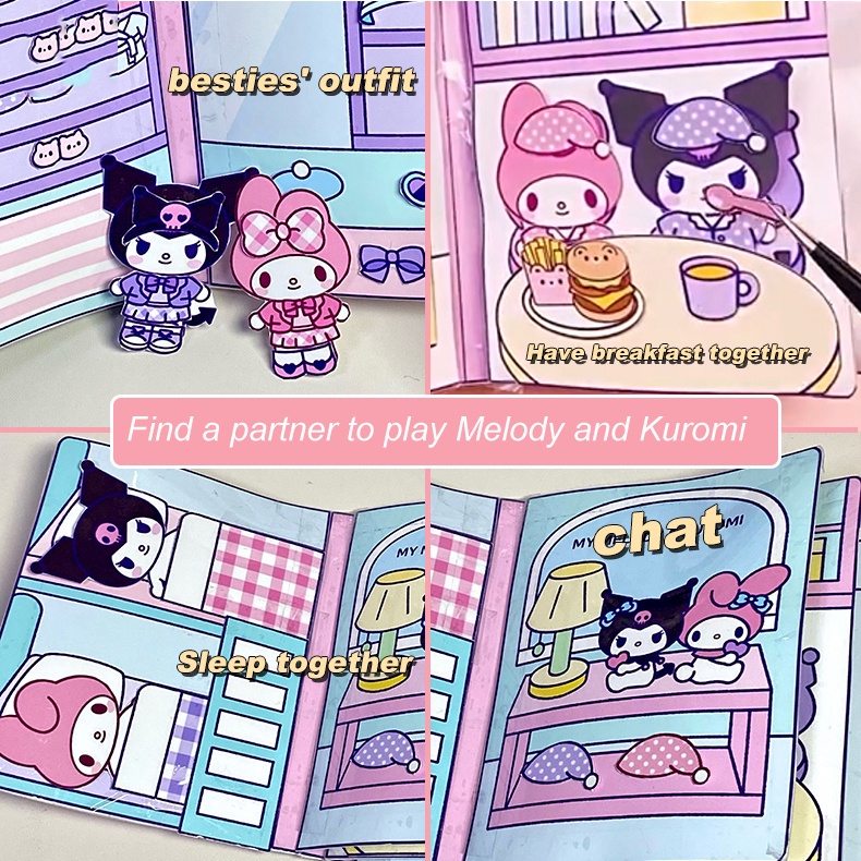 Sanrio Mainan Buku Melody Dan Kuromi Puding Anjing Bertelinga Besar Permainan Kayu Manis Doudou Pinch Music Quiet DIY Book