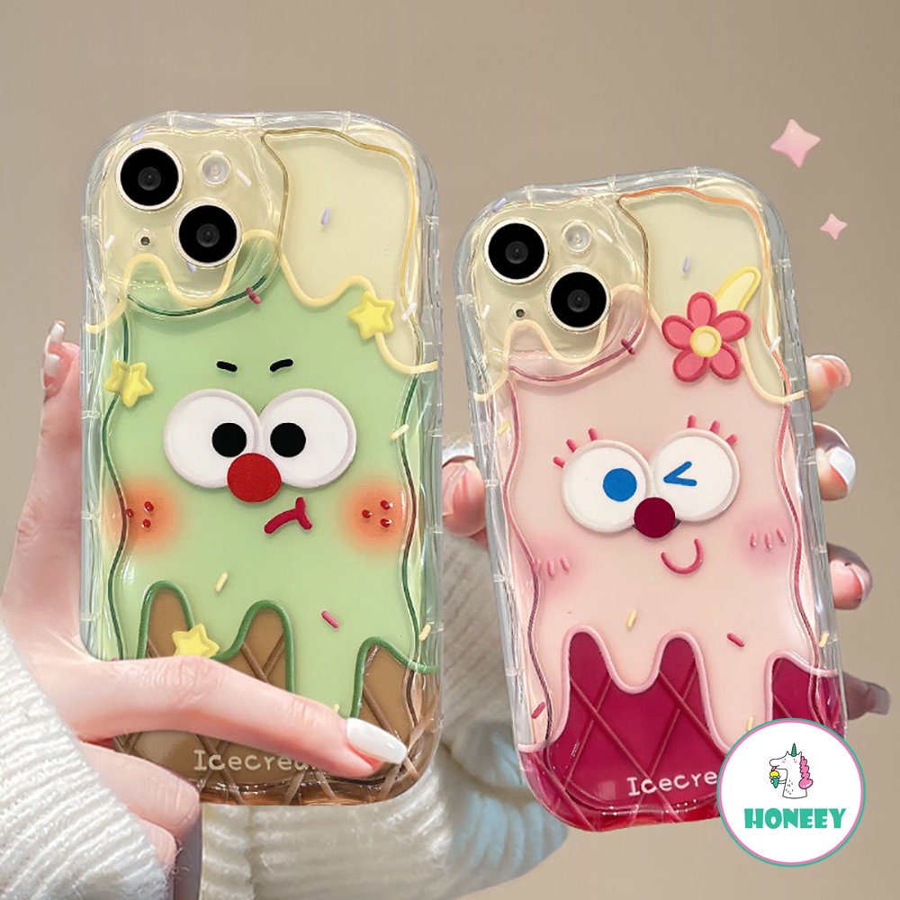 IPHONE Korea Lucu Smiley Ice Cream Transparan Soft Phone Case Kompatibel Untuk Iphone11 14Pro Max12 Pro 13 Pro Bening Silikon Cover