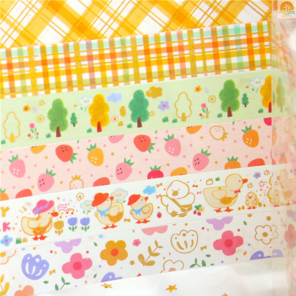 In Stock 6roll Lucu Kartun Foil Emas Washi Tape Set Gaya Rustic Washi Masking Tapes Tape Perekat Dekoratif Label Stiker Lebar 15mm Untuk DIY Seni &amp; Kerajinan Scrapbooking Jurnal