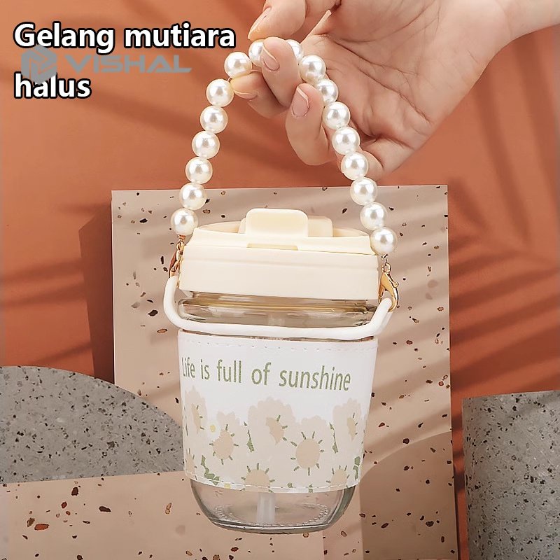 VISHAL Botol Korea Sunflower Aesthetic Tali Mutiara / Botol Minum Kaca Motif Bunga Matahari Botol Travel Lucu Unik VS-345