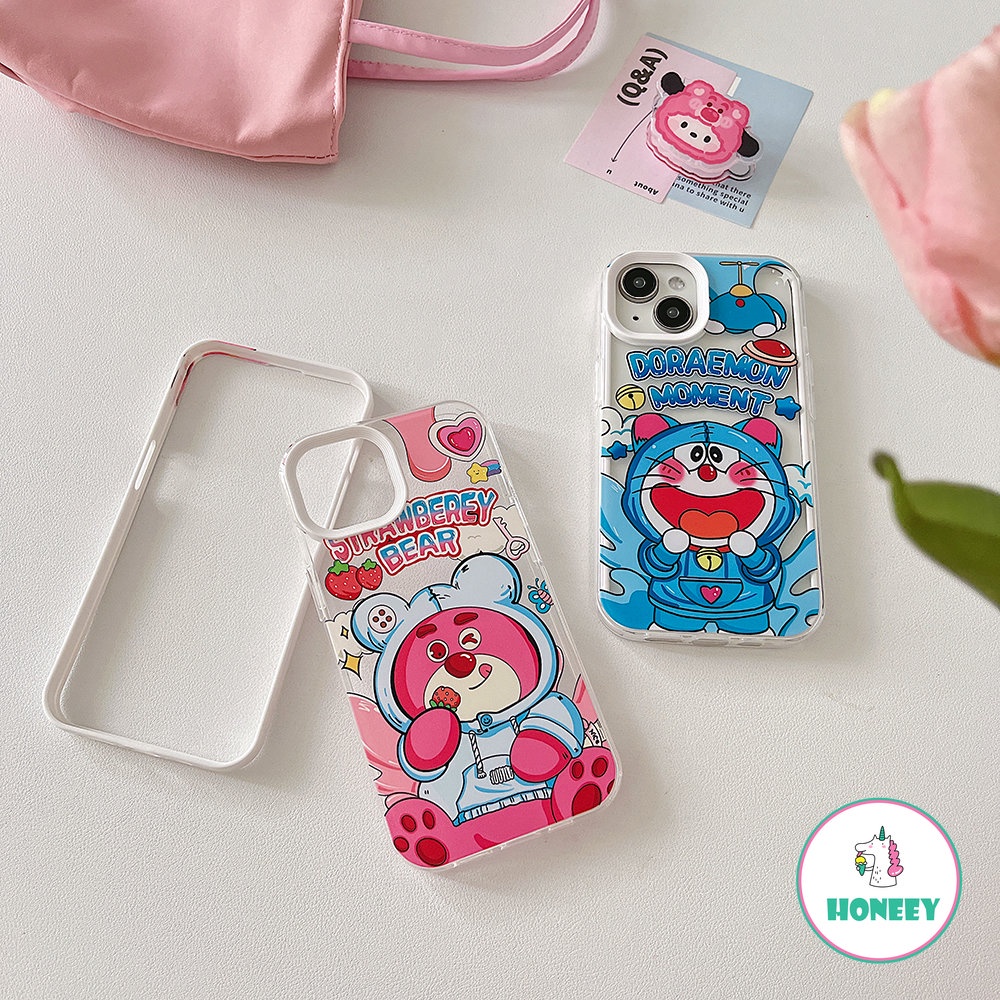 Kartun Strawberry Bear Doraemon Phone Case Kompatibel Untuk iPhone 14 Pro 13 12 11 Pro Max Casing iPhone 11xr XS 7 8plus 3-in-1 Bening Cover Pelindung