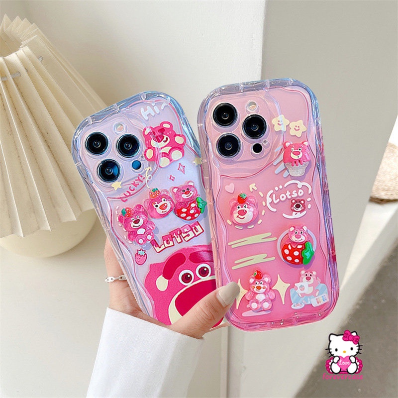 Cartoon 3D Wavy Curved Edge Soft Glossy Case Compatible for iPhone XR XS X Max 11 13 12 14 Pro Max 7Plus 8 6 6s 7 Plus SE 2020 3D Cute Doll Strawberry Bear Lotso Phone Cover