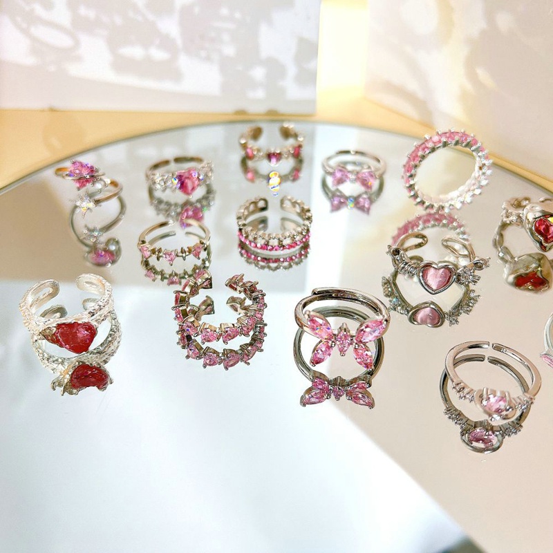 Pink Kristal Hati Ikatan Simpul Cincin Untuk Wanita Perempuan Y2k Kpop Manis Keren Terbuka Jari Cincin Pesta Fashion Perhiasan Hadiah2023Baru Ringan Mewah Serbaguna