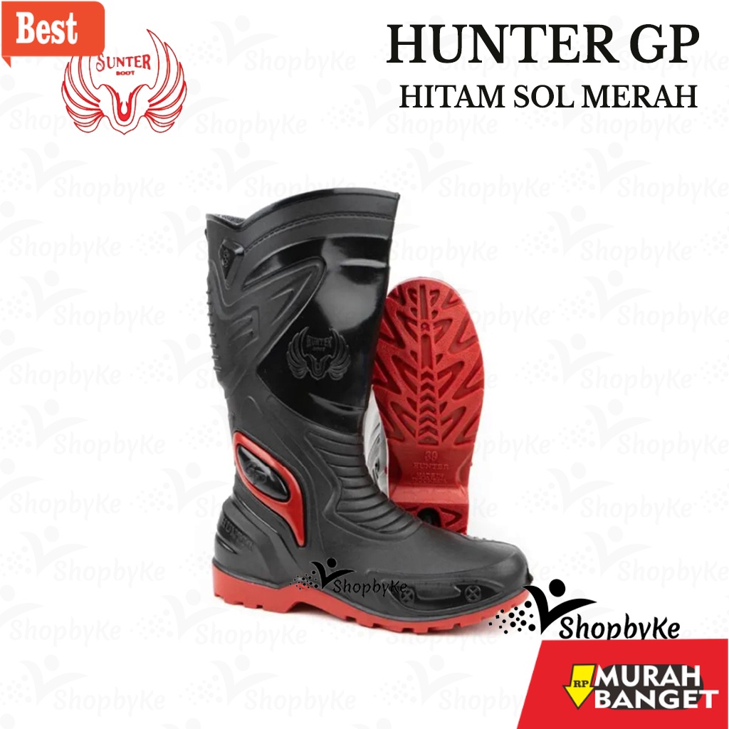 Boot pria terbaru- Sepatu Boots Tinggi HUNTER GP 1 Hitam/MERAH Size 39-44 / Sepatu Boots Tinggi MOTO
