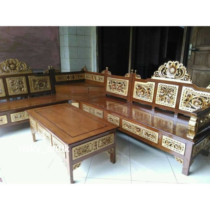 KURSI TAMU SUDUT MAHKOTA SOFA MINIMALIS MEJA TERAS TAMU KAYU JATI UKIR - Mentah, Tanpa busa Termurah