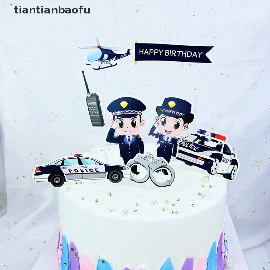 [tiantianbaofu] Precut Kartun Polisi Mobil Pesawat Ulang Tahun Cupcake Toppers Dekorasi Butik