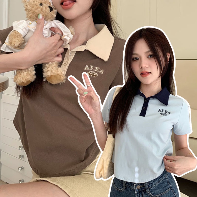 Red Gaya Amerika Polo Kerah Lengan Pendek T-shirt Wanita Musim Panas Rasa Desain Retro Hot Gadis Slim Slim Pendek top In Pasang