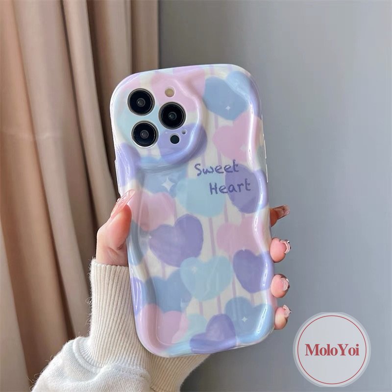 IPHONE Ins Lukisan Cat Minyak Cinta Hati Casing Kompatibel Untuk Iphone11 13 12 14 Pro Max XR 7plus 6s 6 7 8 Plus X XS Max SE 2020 Tpu Lembut Shockproof Airbag Glossy 3D Wavy Curved Edge Case