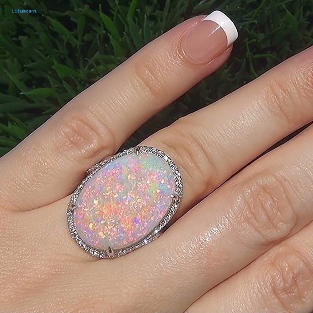 Lilyscent Fashion Wanita Super Bersinar Bentuk Oval Buatan Opal Cincin Jari Perhiasan Hadiah