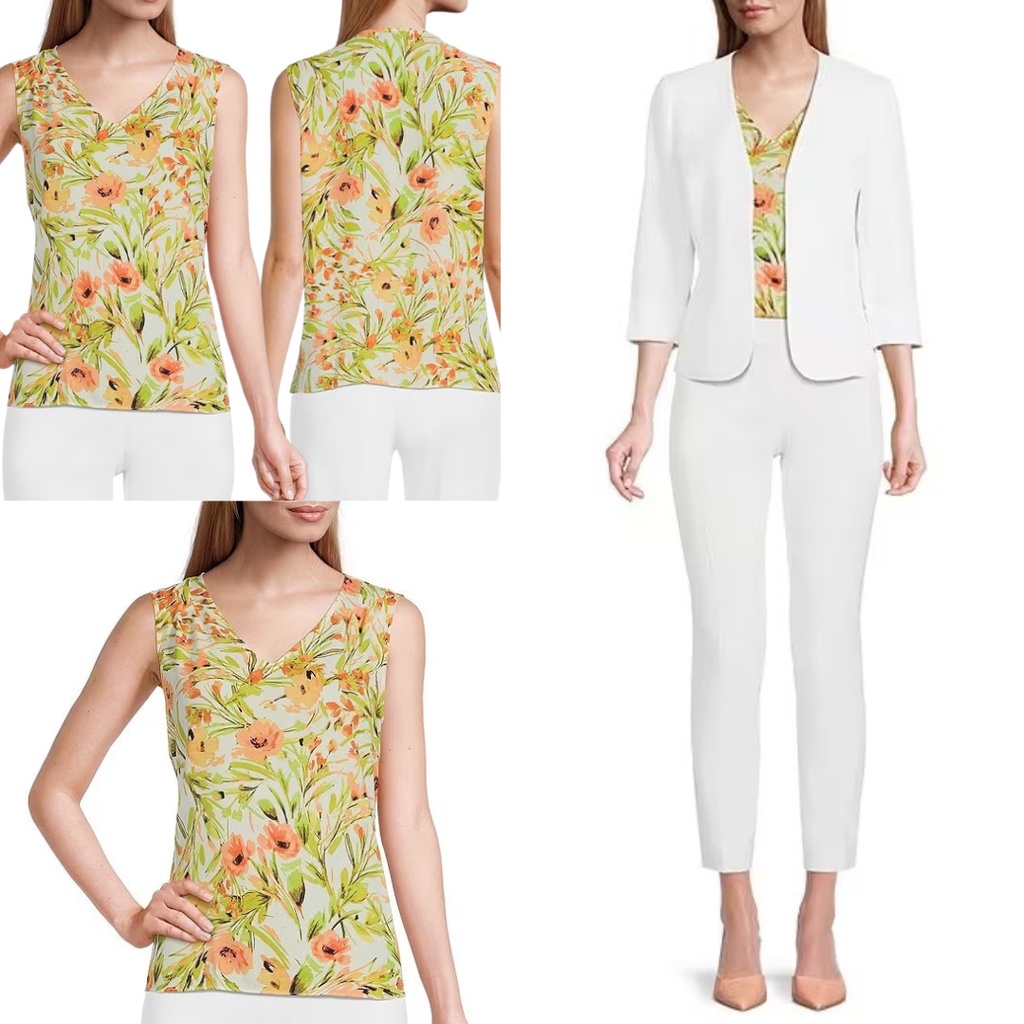 KASPER SLEEVLESS FLORAL V-NECK BLOUSE