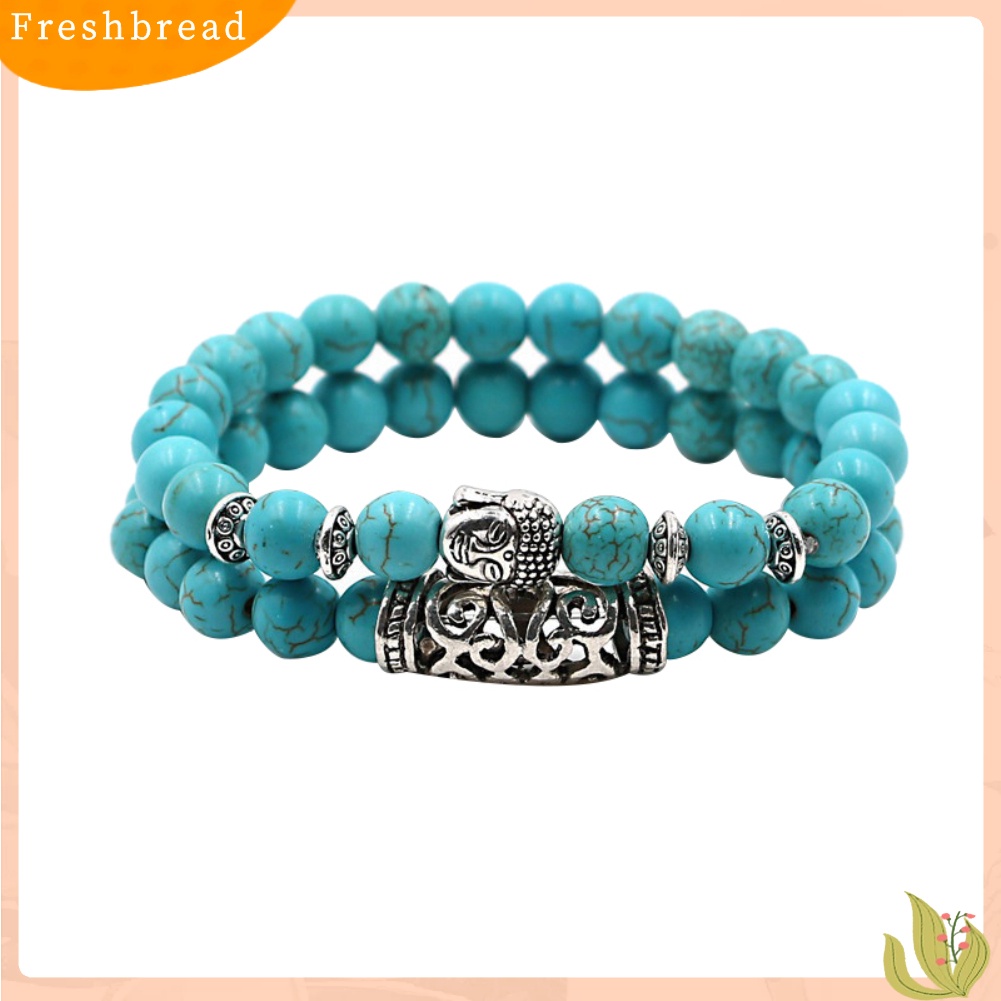 &lt; Freshbread &gt; Fashion 2 Pcs Batu Alam Yoga Perhiasan Unisex Buddha Kepala Manik-Manik Gelang Set