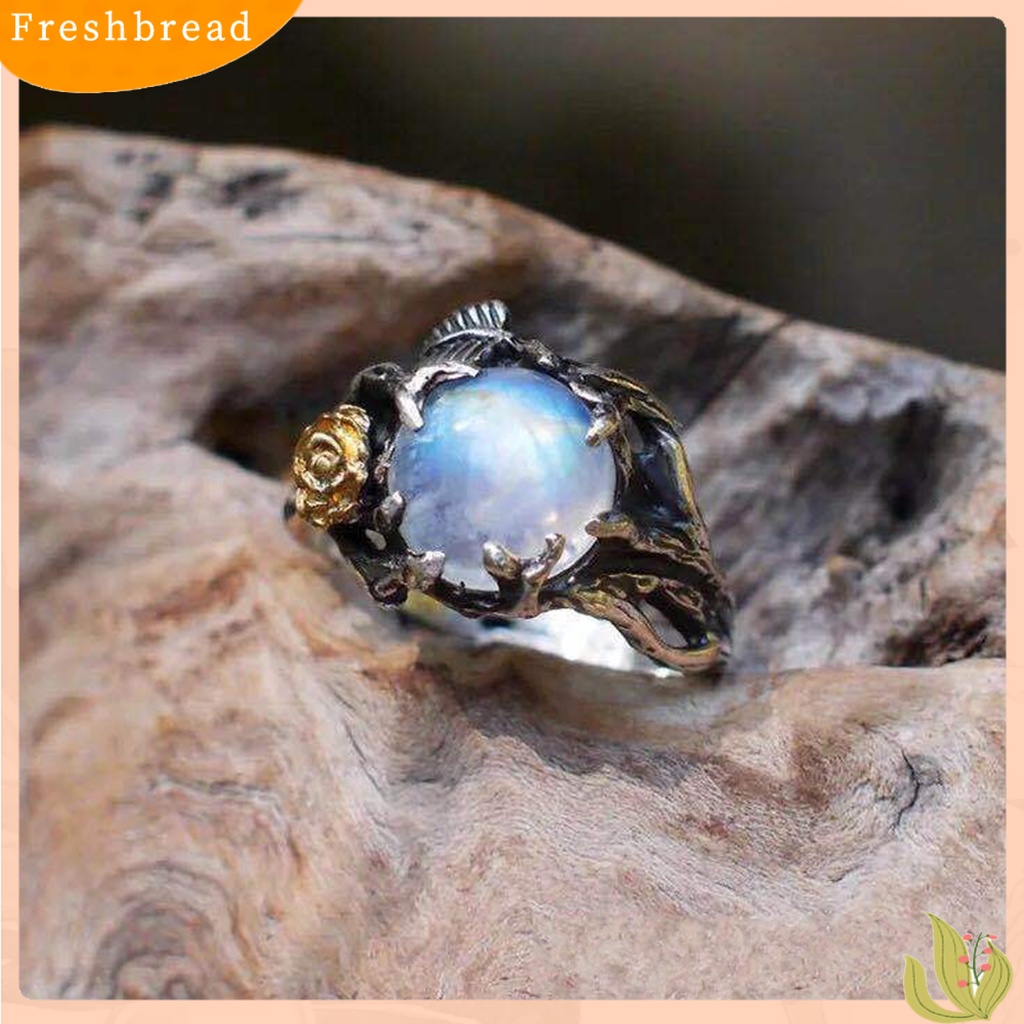 &lt; Freshbread &gt; Berongga Pernyataan Sederhana Vintage Cincin Daun Bunga Moonstone Lady Ring Perhiasan Alat Ekstra