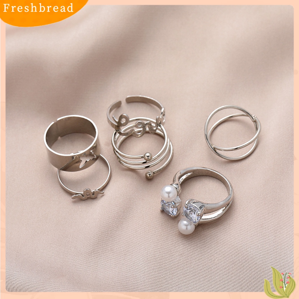 &lt; Freshbread &gt; 6Pcs Cincin Jari Huruf Kupu-Kupu Mutiara Imitasi Pria Wanita Bukaan Adjustable Ins Style Rings Fashion Jewelry