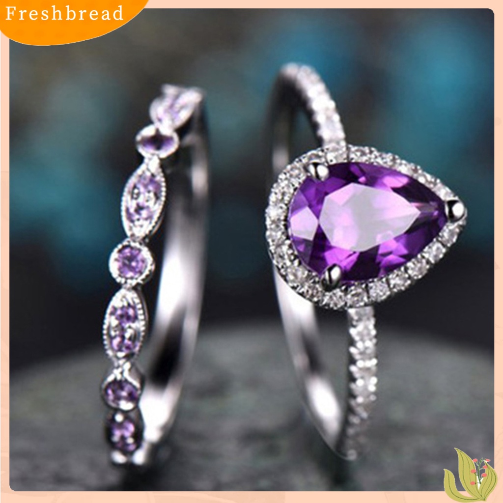 &lt; Freshbread &gt; 2 Pcs Wanita Cincin Mewah Ungu Berlian Imitasi Mengkilap Penuh Berlian Imitasi Bertatahkan Berkilau Hias Hadiah Wanita Lamaran Cincin Perhiasan Pernikahan Aksesori Busana