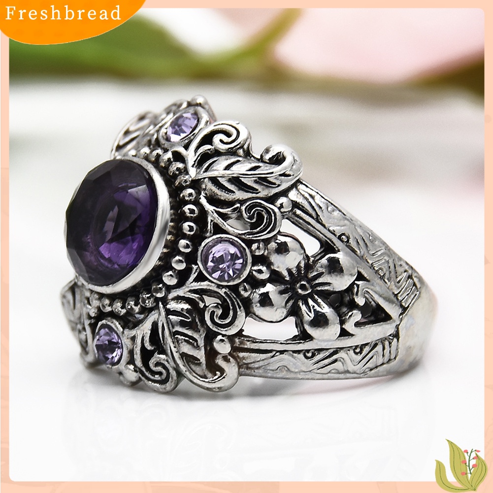 &lt; Freshbread &gt; Vintage Bulat Faux Amethyst Hias Ukir Bunga Wanita Jari Cincin Perhiasan Hadiah