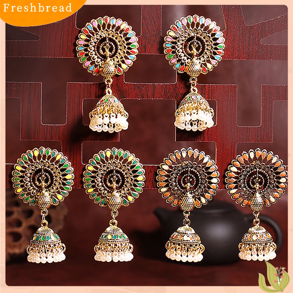 &lt; Freshbread &gt; 2Pcs Anting Menjuntai Gaya India Bell Rumbai Mutiara Imitasi Warna-Warni Geometris Hias Hadiah Wanita Merak Liontin Anting Perhiasan Fashion Untuk Pakaian Sehari-Hari