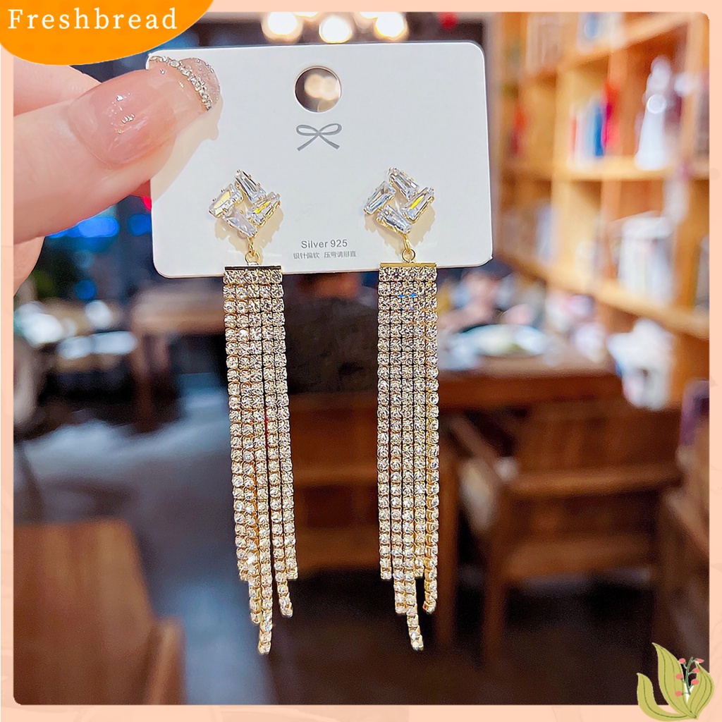 &lt; Freshbread &gt; 1pasang Anting Panjang Geometris Elegan Berlebihan Rantai Panjang Temperamen Bertatahkan Berlian Imitasi Anting Rumbai Panjang Aksesoris Fashion