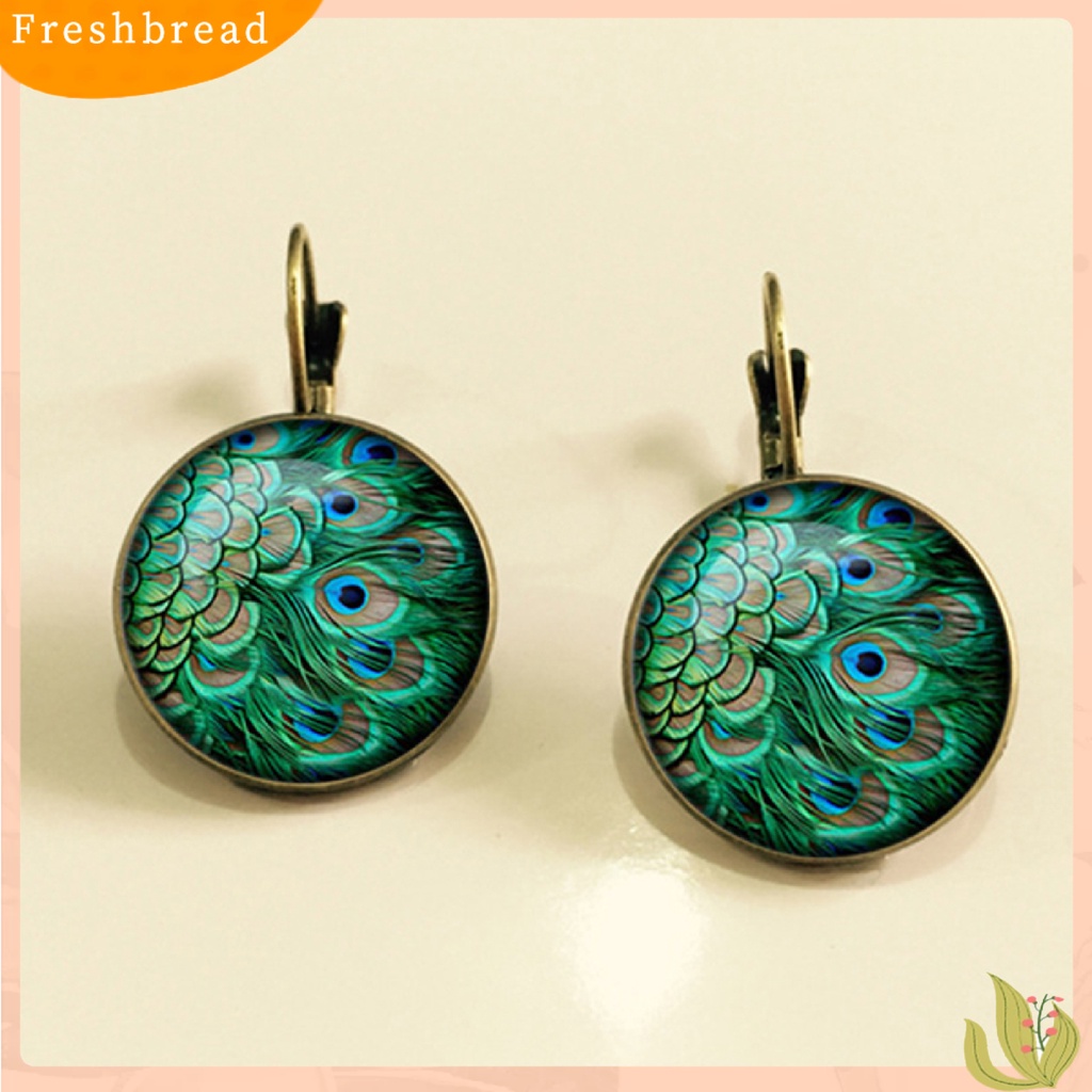 &lt; Freshbread &gt; 1pasang Anting Kaca Cabochon Menjuntai Motif Merak 2warna Anting Leaverback Vintage Untuk Hadiah