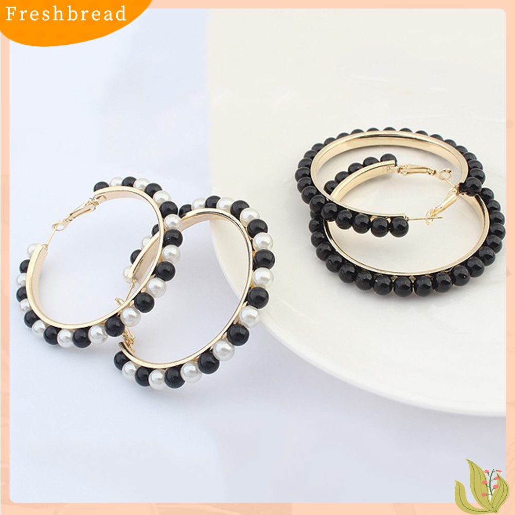 &lt; Freshbread &gt; Fashion Wanita Mutiara Imitasi Hias Lingkaran Besar Pernyataan Hoop Earrings Jewelry