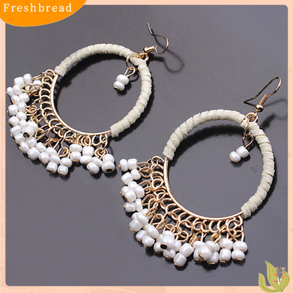 &lt; Freshbread &gt; 1pasang Anting Gaya Boho Manik-Manik Rumbai Desain Alloy Anting Kait Menjuntai Untuk Pakaian Sehari-Hari