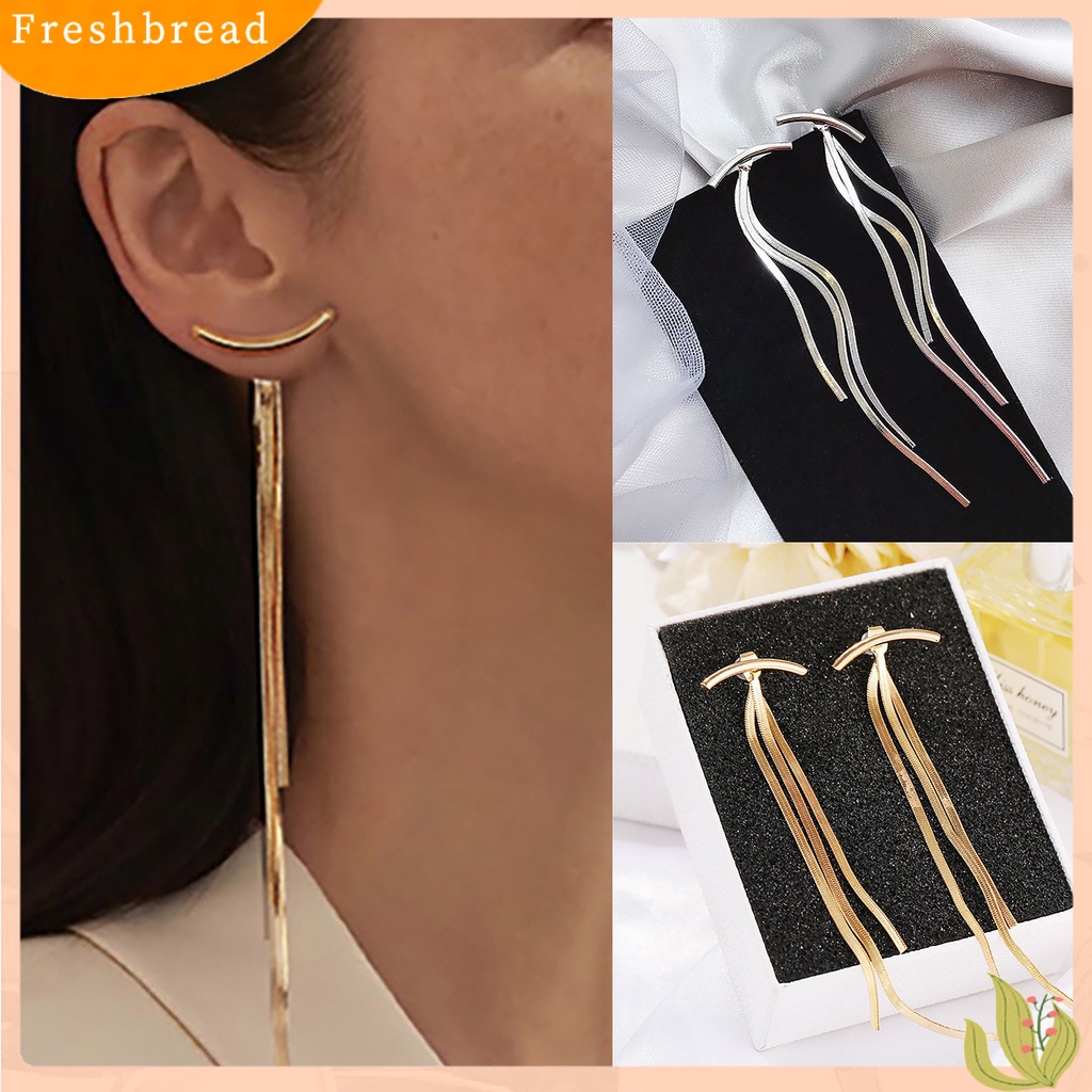 < Freshbread > 1pasang Benang Panjang Rumbai Menjuntai Anting Logam Glossy Arc Bar Stud Earrings Perhiasan Aksesoris