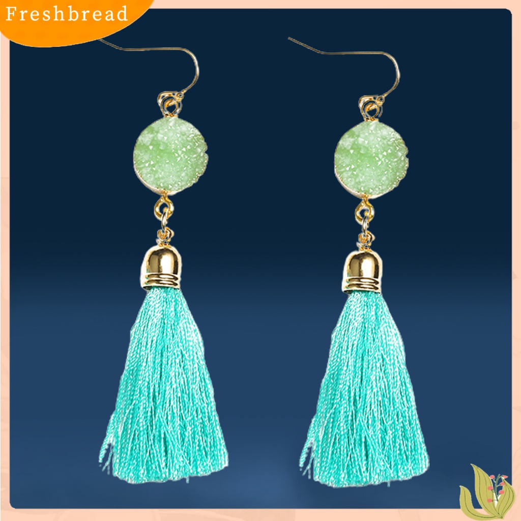 &lt; Freshbread &gt; 1pasang Anting Kait Bohemian Katun Ringan Garis Pinggiran Desain Menjuntai Earrings Aksesoris Telinga