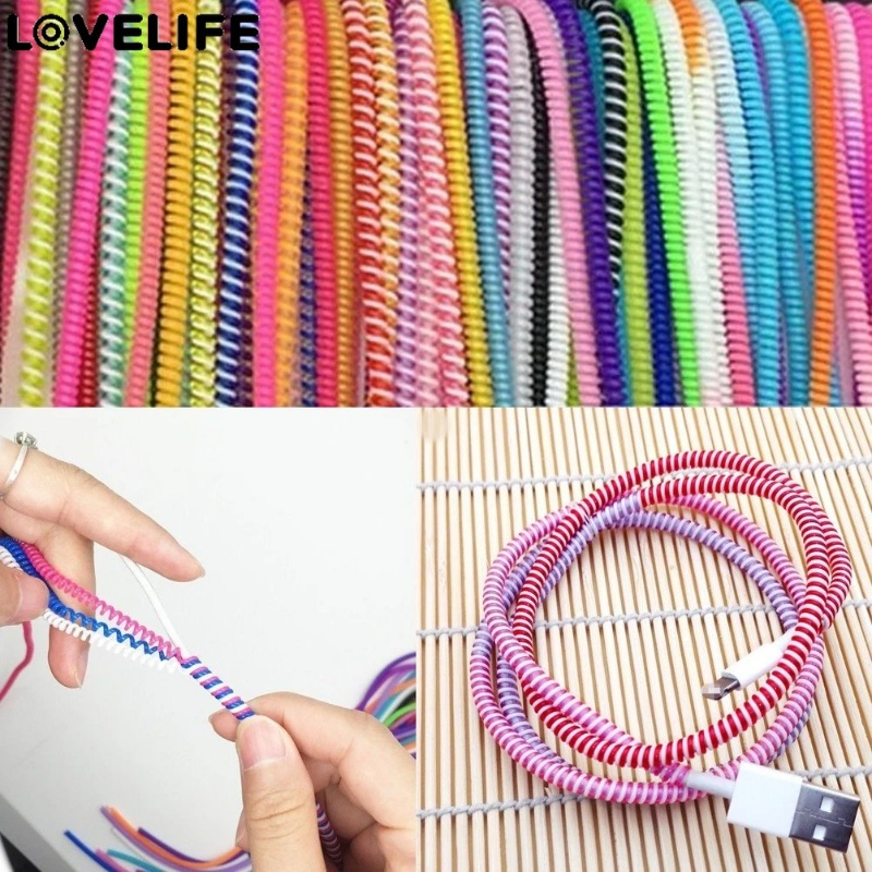 1.4m Laser Color Charging Cable Protector Plastik Fleksibel Data Lines Pelindung Kabel DIY Spiral Pelindung Penutup Tahan Debu Line Cable Intertwine Rope TPU Soft Date Kabel Winder