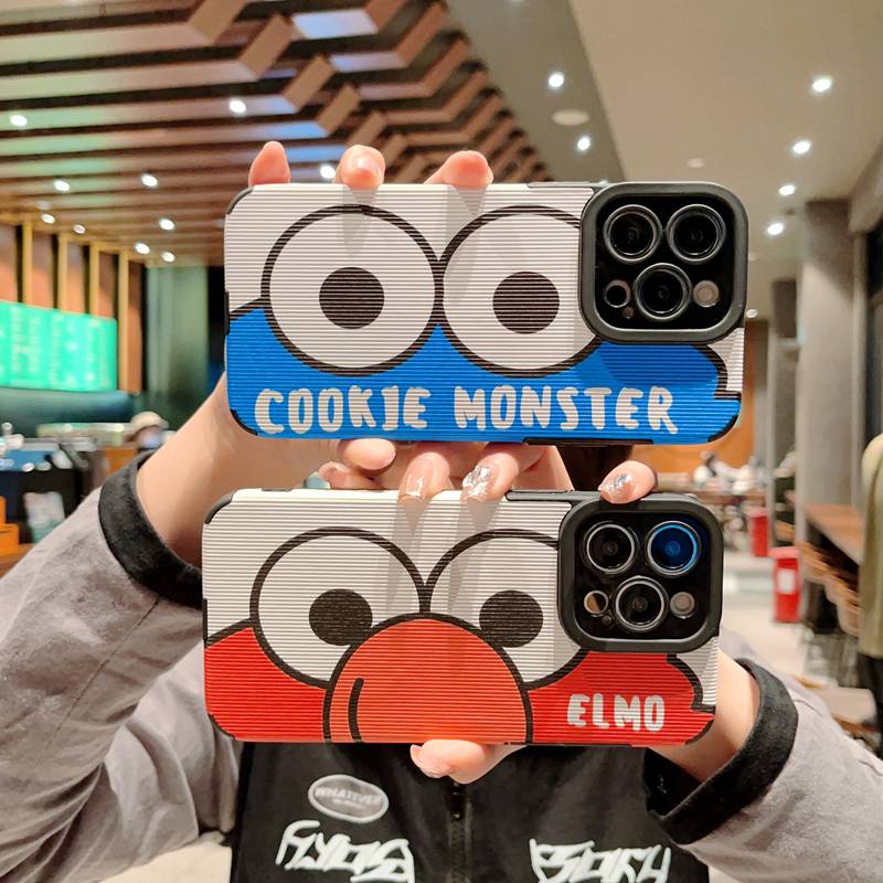 Men's Fashion Cool Leather Soft Case iP iPhone 7 8 Plus SE 2020 X XR XS Max 11 12 13 14 Pro Max 14 Plus Phone Case Camera Protect Cookie Monster Elmo Cartoon